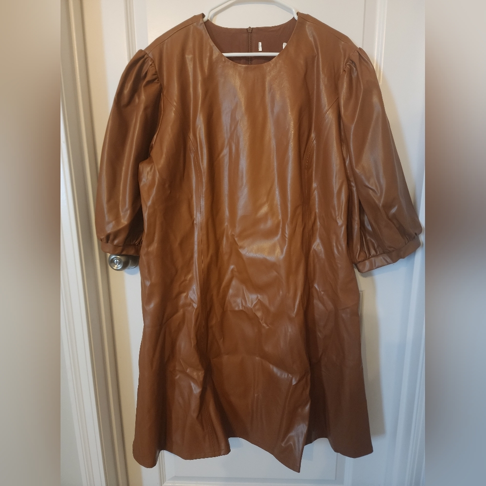 JessaKae Faux Leather Brown Puff Sleeve Dress